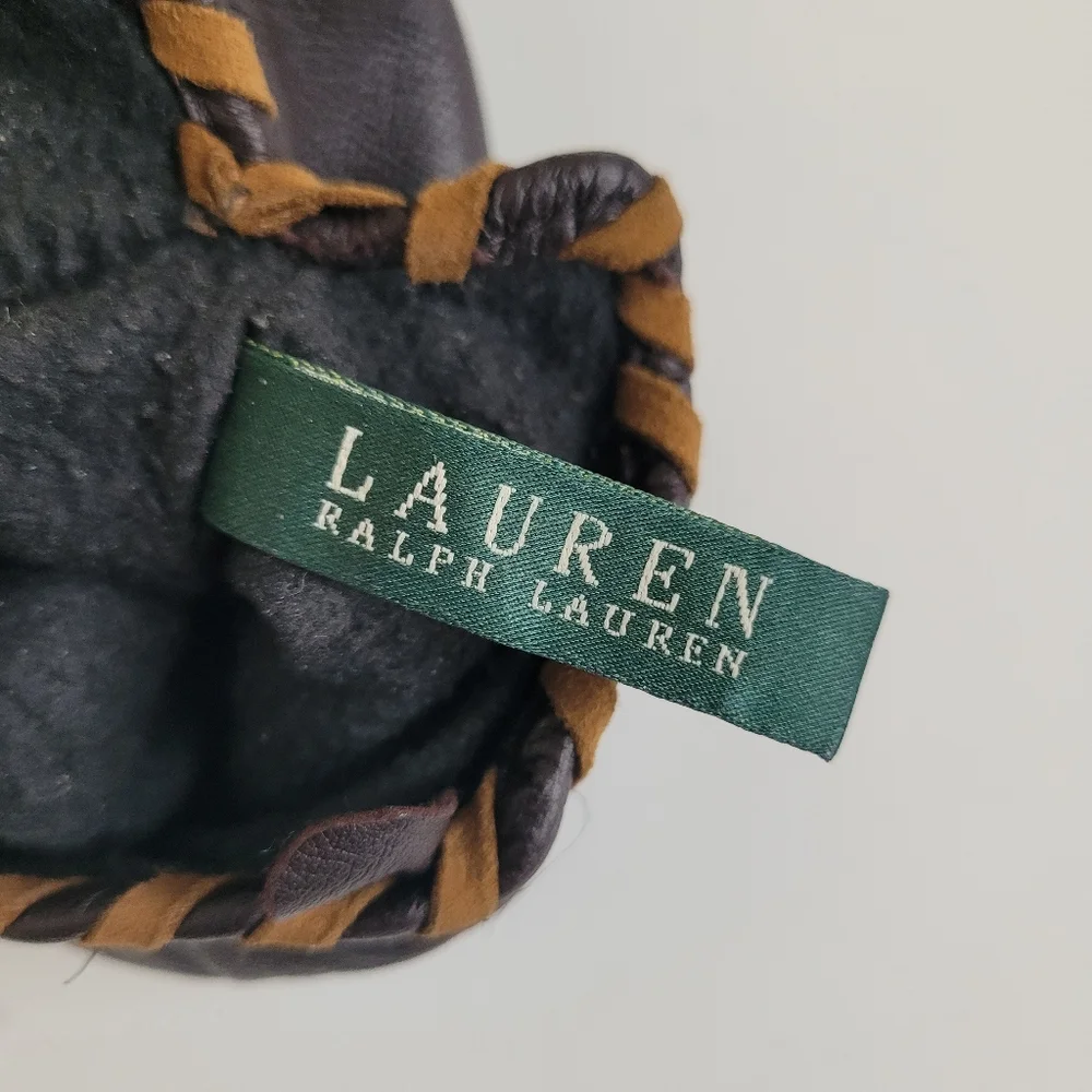 Lauren Ralph Lauren 100% Leather Gloves Black With Brown Trim Womens